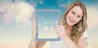 Composite image of woman showing tablet pc