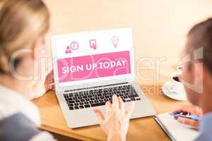 Composite image of pink sign up today