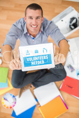 Composite image of yellow volunteers needed