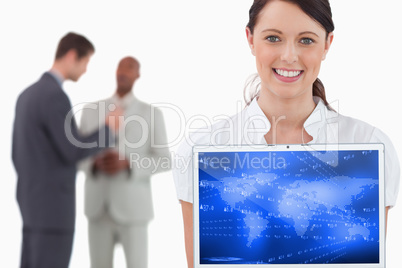 Composite image of world map with shares on blue background