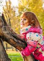 Happy child playing in the park climbing on the tree