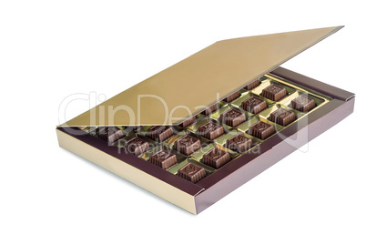 An open box of chocolates on a white background.