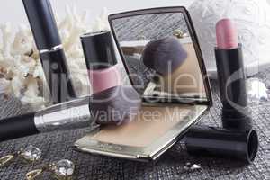 Powder box with mirror and cosmetic brush