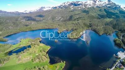 Aerial footage Latefossen Waterfall Odda Norway. Latefoss is a powerful, twin waterfall. View from the bird's-eye view.