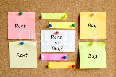 Rent or buy sticky note text concept