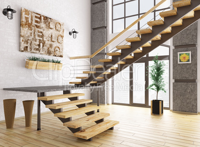 Modern interior with staircase 3d rendering