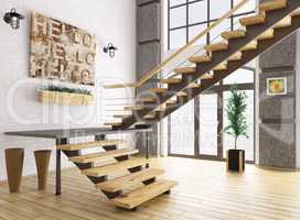 Modern interior with staircase 3d rendering
