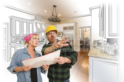 Contractor Talking with Customer Over Kitchen Drawing and Photo