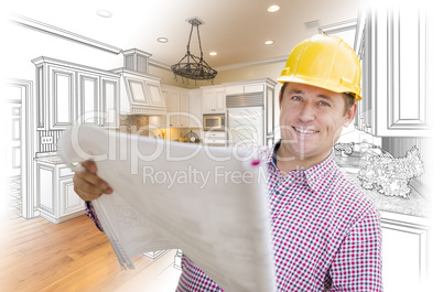 Contractor Holding Blueprints Over Custom Kitchen Drawing and Ph