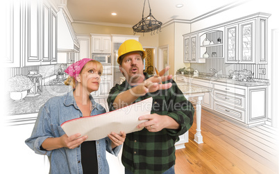 Contractor Talking with Customer Over Kitchen Drawing and Photo
