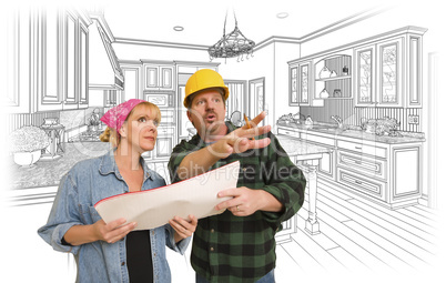 Contractor Talking with Customer Over Kitchen Drawing