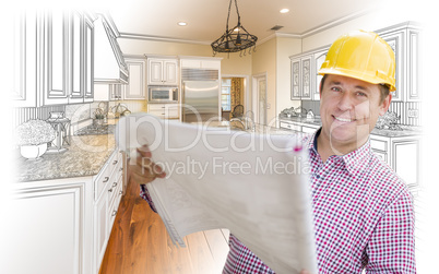 Contractor Holding Blueprints Over Custom Kitchen Drawing and Ph