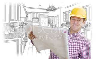 Contractor Holding Blueprints Over Custom Kitchen Drawing