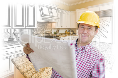 Contractor Holding Blueprints Over Custom Kitchen Drawing and Ph