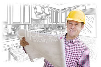 Contractor Holding Blueprints Over Custom Kitchen Drawing