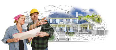 Contractor Talking with Customer Over Home Drawing and Photo