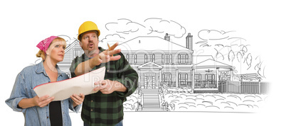 Contractor Talking with Customer Over Home Drawing