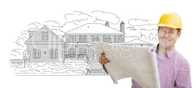 Contractor Holding Blueprints Over Custom Drawing Contractor Holding Blueprints Over Custom Drawing