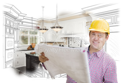 Contractor Holding Blueprints Over Custom Kitchen Drawing and Ph