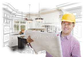 Contractor Holding Blueprints Over Custom Kitchen Drawing and Ph