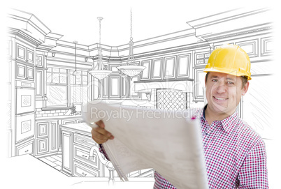 Contractor Holding Blueprints Over Custom Kitchen Drawing