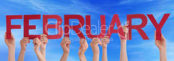 Many People Hands Holding Red Straight Word February Blue Sky