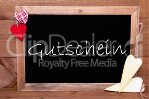 One Chalkbord, Red And Yellow Hearts, Gutschein Means Voucher