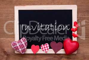 Blackboard With Textile Hearts, Text Invitation