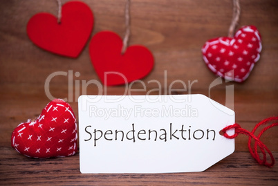 One Label With Romantic Hearts Decoration, Spendenaktion Means Donation Campaign