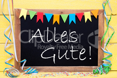 Chalkboard With Party Decoration, Text Alles Gute Means Best Wishes
