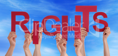 Many People Hands Holding Red Word Rights Blue Sky