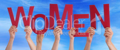 Many People Hands Holding Red Word Women Blue Sky