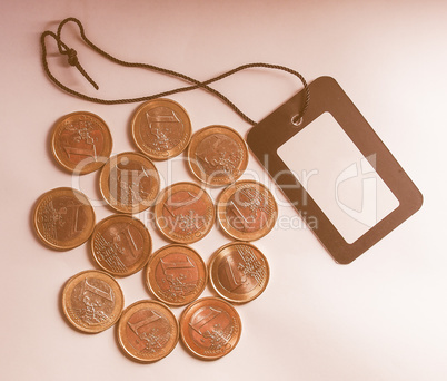 Euro coins with price tag label vintage