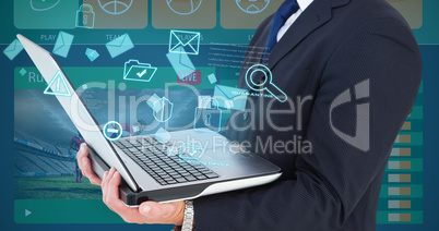 Composite image of businessman with watch using tablet pc