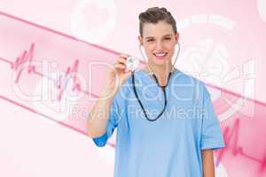 Composite image of smiling nurse using stethoscope