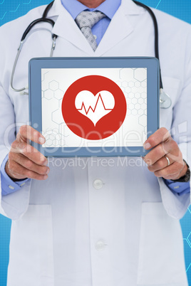 Composite image of male doctor showing digital tablet on white b