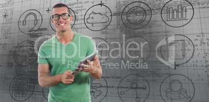 Composite image of smiling man wearing glasses while holding dig