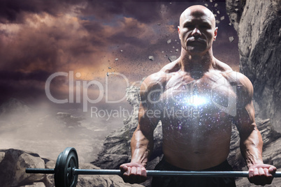 Composite image of portrait of muscular man lifting crossfit