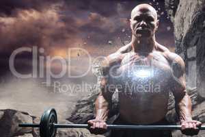 Composite image of portrait of muscular man lifting crossfit