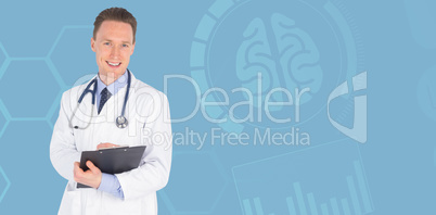 Composite image of portrait of smiling male doctor writing on cl