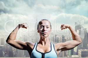 Composite image of thoughtful athlete flexing muscles