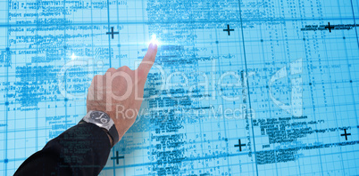 Composite image of businessman hand with watch pointing somethin