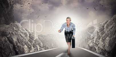 Composite image of businesswoman running and holding briefcase