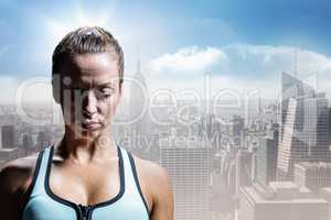 Composite image of sad athlete woman in sportswear