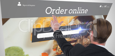 Composite image of rear view of businessman pointing with his fi