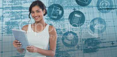 Composite image of portrait of smiling businesswoman using table