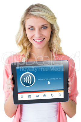 Composite image of young pretty student showing tablet pc