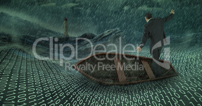 Composite image of businessman balancing in boat