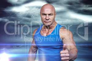 Composite image of portrait of confident muscular man showing th