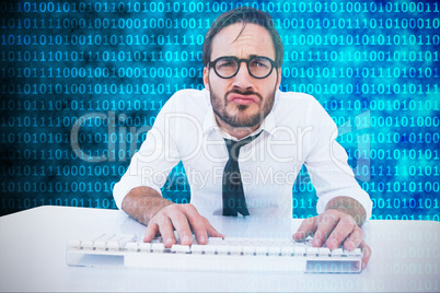 Composite image of business worker with reading glasses on compu